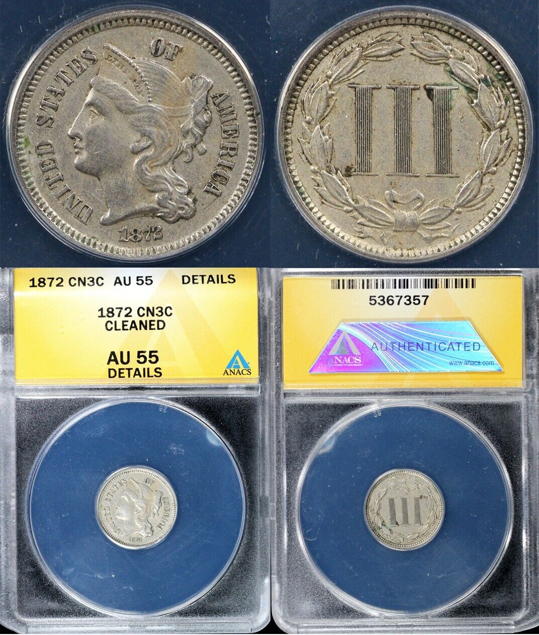 1872 3cn Three Cent Nickel ANACS AU 55 DETAILS CLEANED