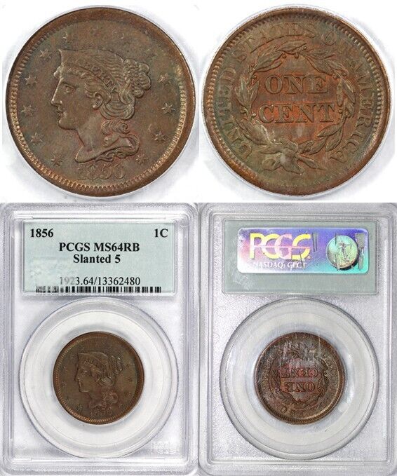 1856 1c Slanted 5 Braided Hair Large Cent PCGS MS 64 RB