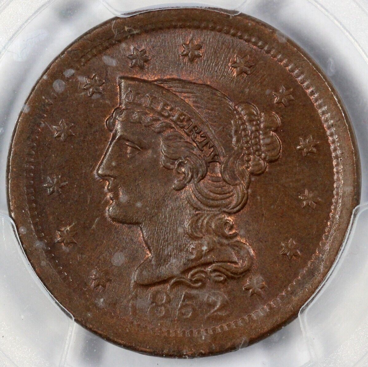 1852 1c Braided Hair Large Cent PCGS and CAC MS 65+ BN
