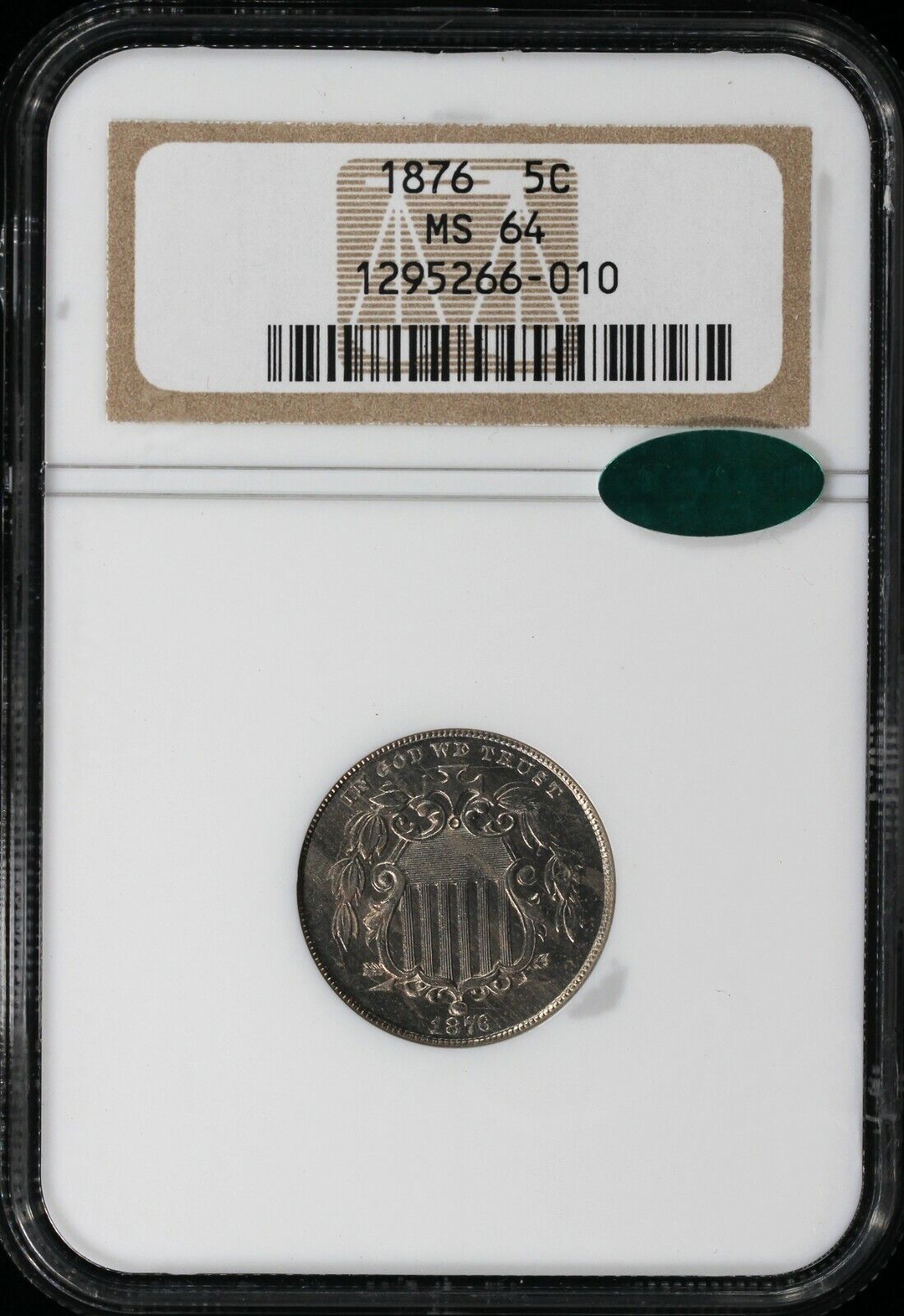 1876 5c Shield Nickel NGC and CAC MS 64