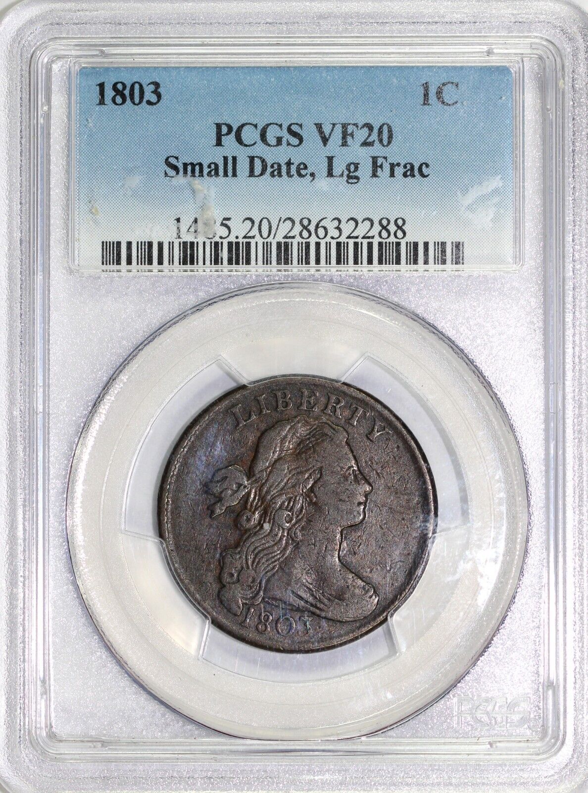 1803 1c S-259 Ghost 3 Small Date Large Frac Draped Bust Large Cent PCGS VF 20