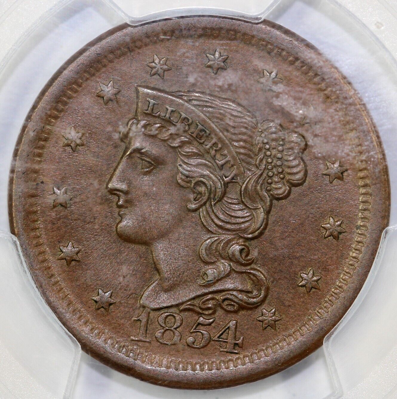 1854 1c N-7 Braided Hair Large Cent PCGS and CAC MS 63 BN