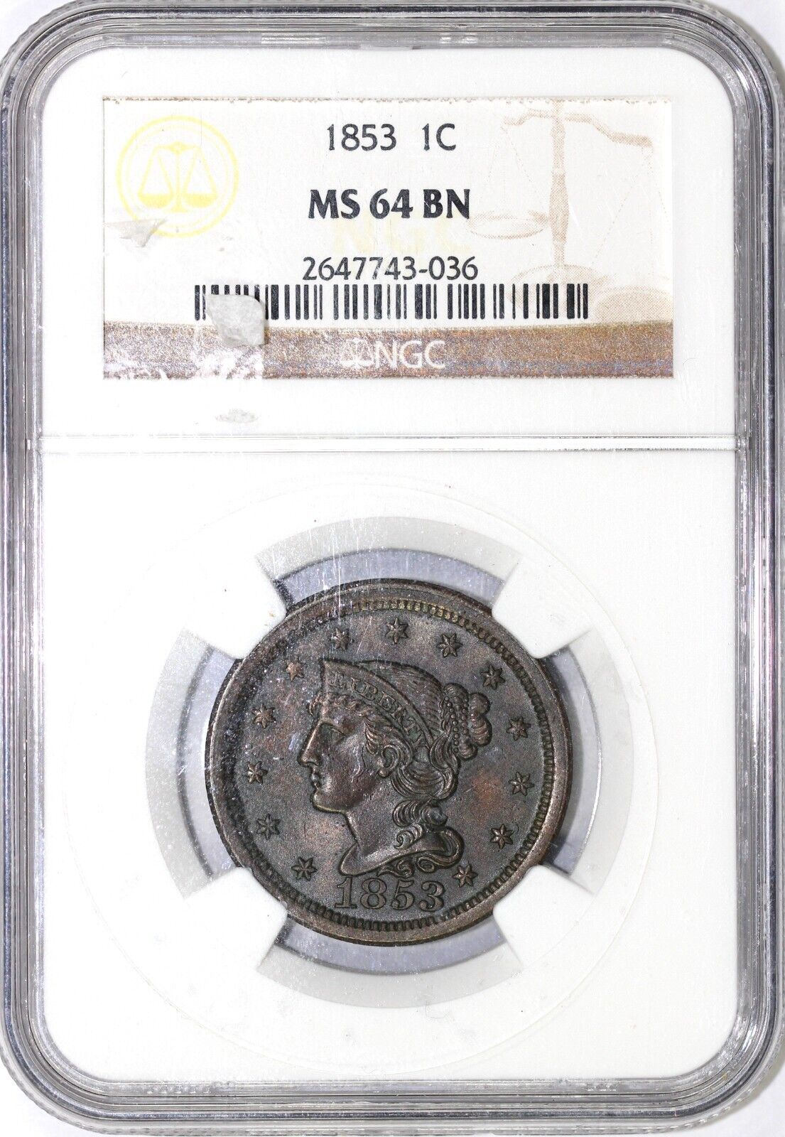 1853 1c Braided Hair Large Cent NGC MS 64 BN