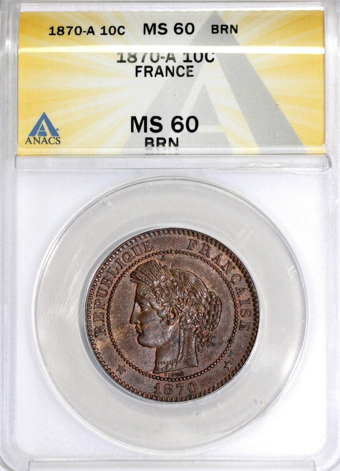 1870-A 10c Republic of France 10 Centimes ANACS MS 60 BN