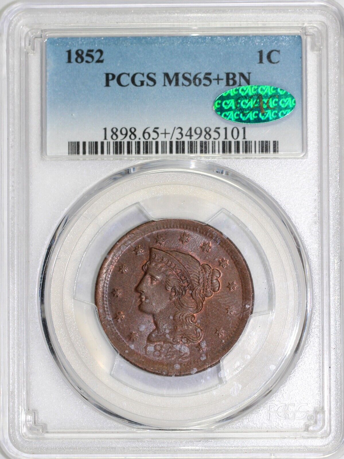 1852 1c Braided Hair Large Cent PCGS and CAC MS 65+ BN