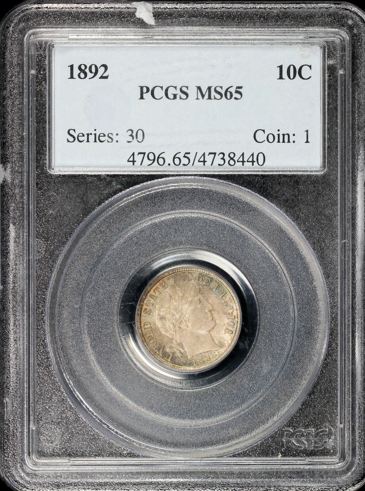 1892 10c Barber Dime PCGS MS 65