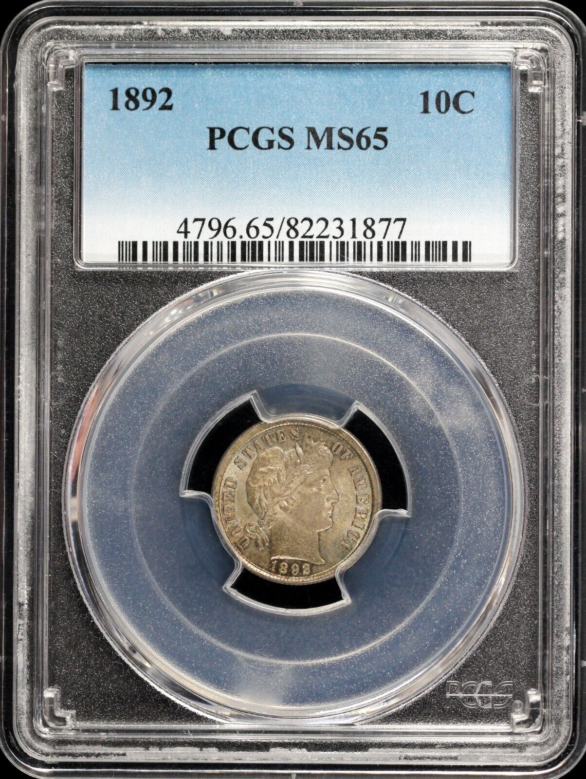 1892 10c Barber Dime PCGS MS 65