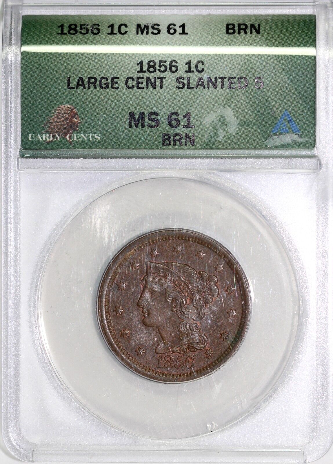 1856 1c Slanted 5 Braided Hair Large Cent ANACS MS 61 BN