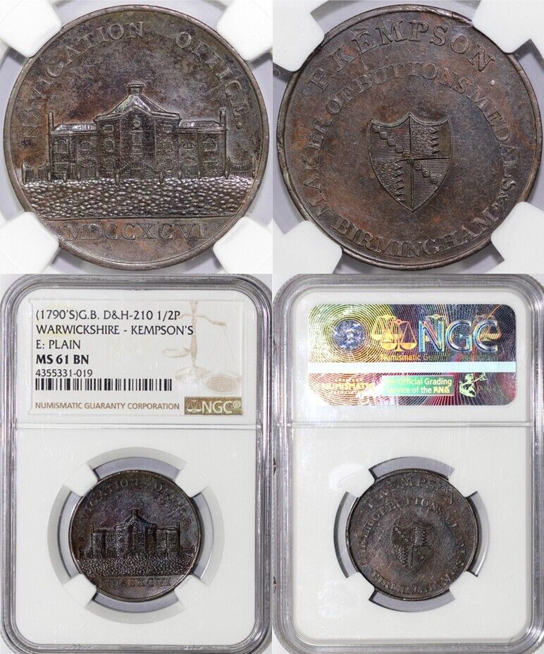 1790's 1/2p D&H-210 Warwickshire-Kempson's Conder Token NGC MS 61