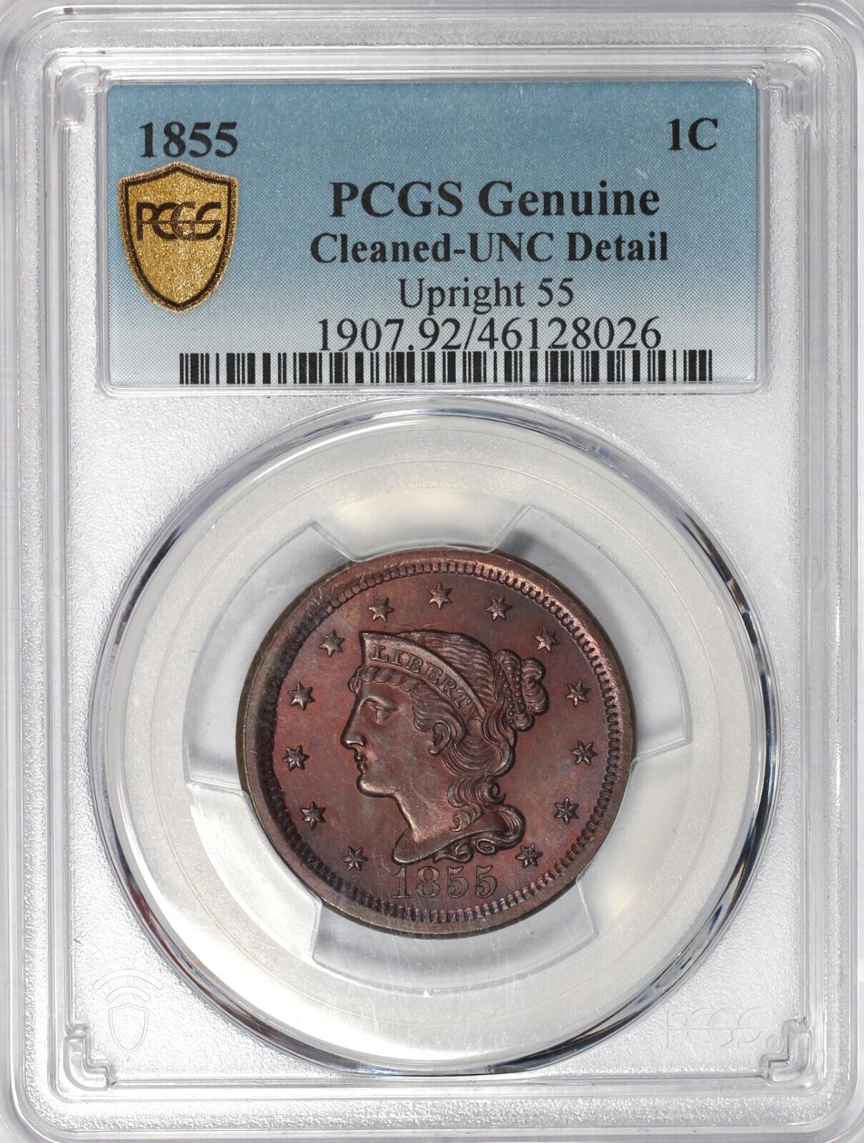 1855 1c Upright 55 Braided Hair Large Cent PCGS UNC DETAILS CLEANED