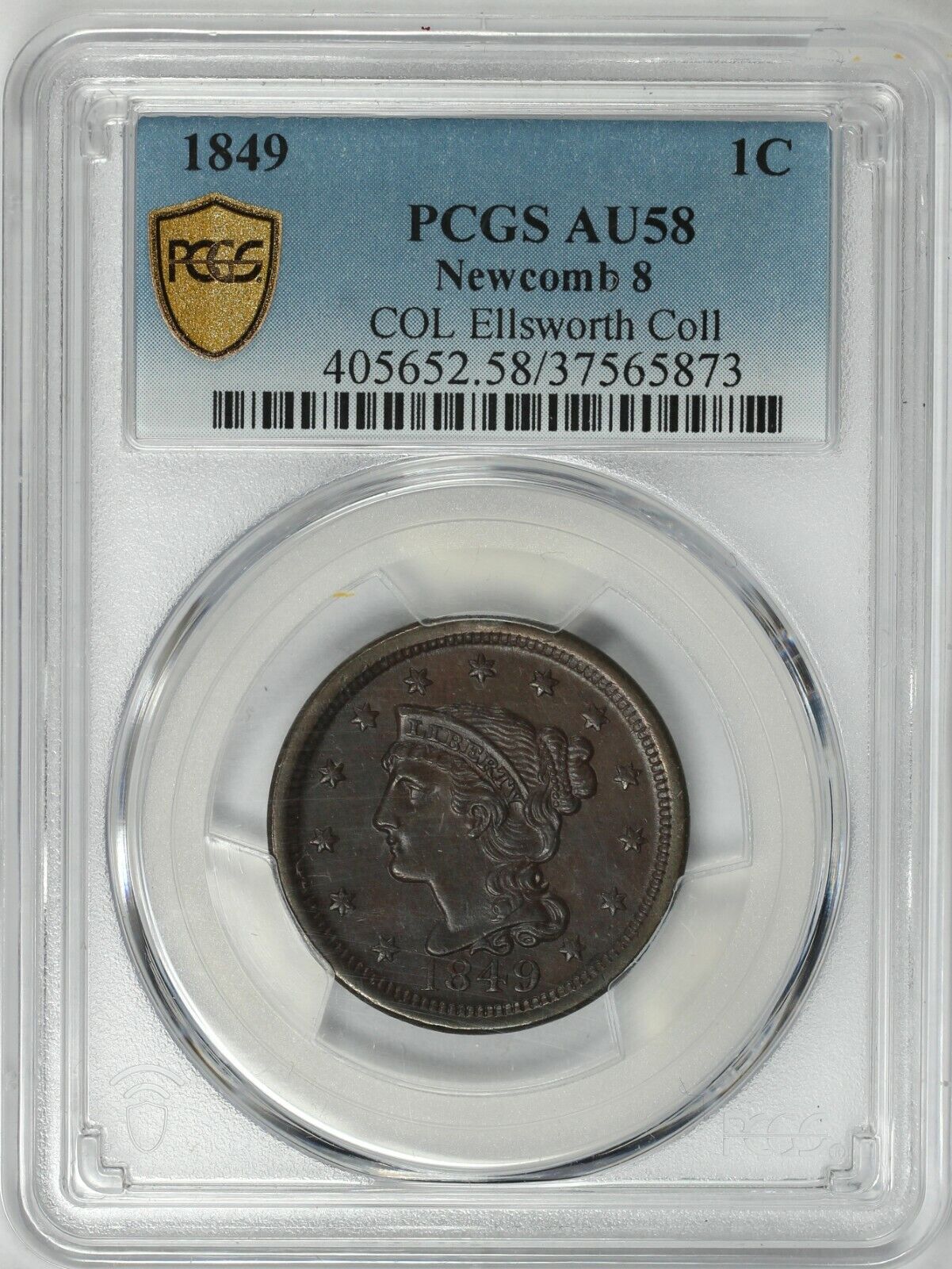 1849 1c N-8 Braided Hair Large Cent PCGS AU 58 EX; ELLSWORTH