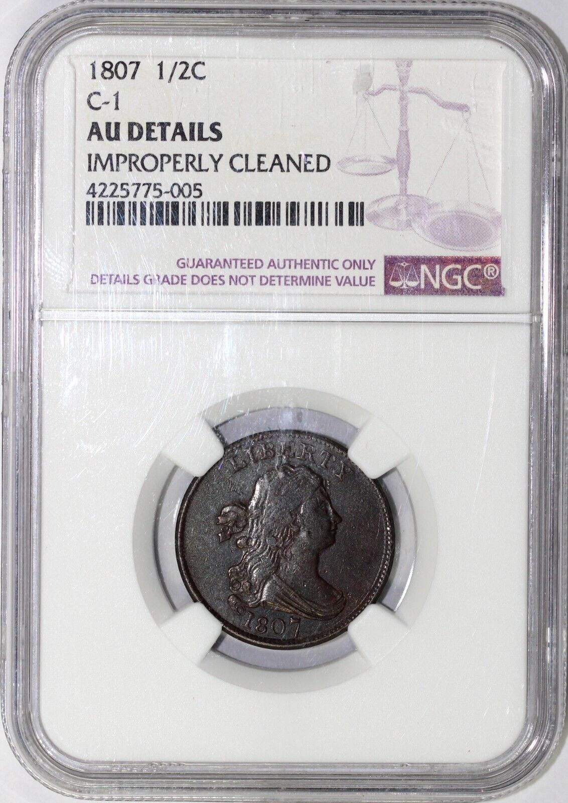 1807 1/2c C-1 Draped Bust Half Cent NGC AU Details Improperly Cleaned