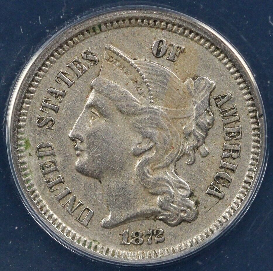 1872 3cn Three Cent Nickel ANACS AU 55 DETAILS CLEANED