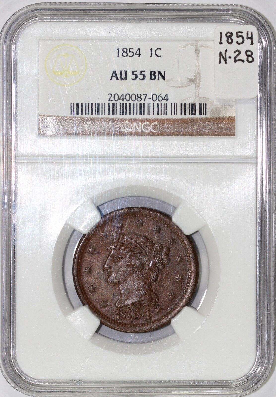 1854 1c Braided Hair Large Cent NGC AU 55