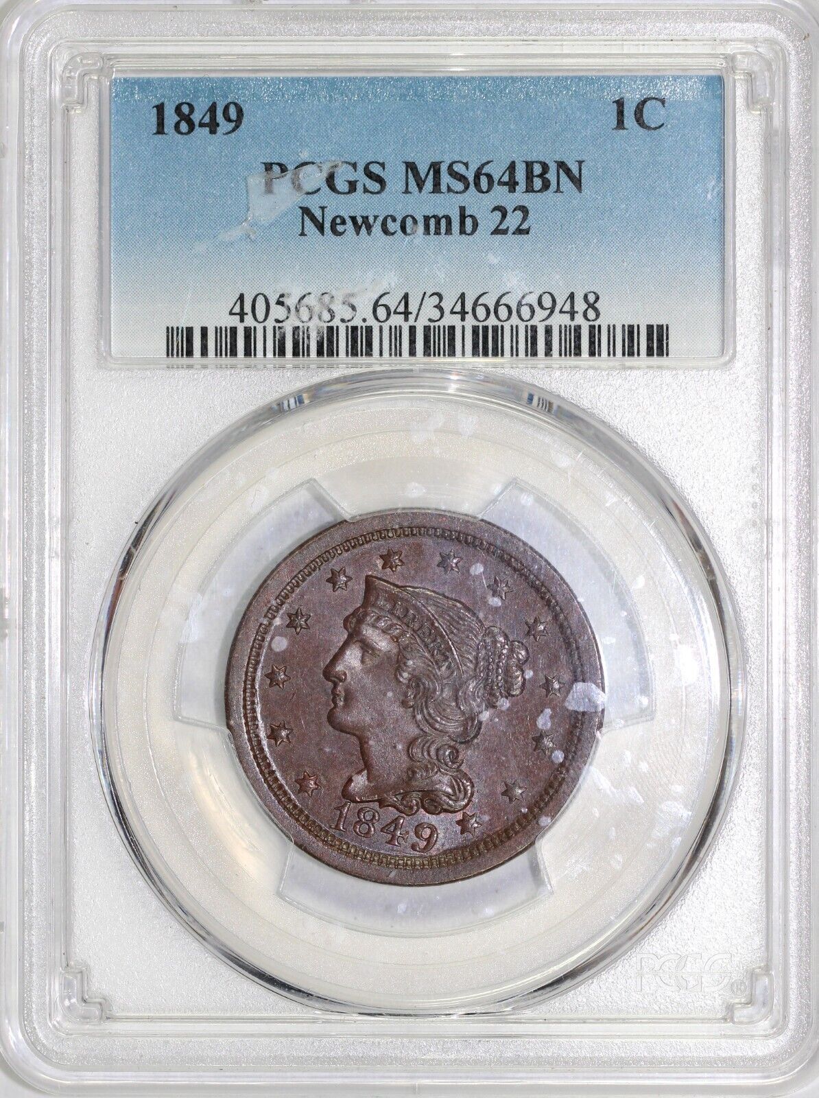 1849 1c N-22 Braided Hair Large Cent PCGS MS 64 BN