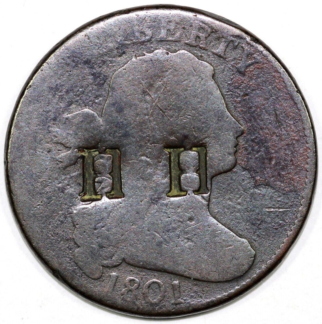 1801 1c NC-3 1/000 Draped Bust Large Cent *H H Counterstamp*
