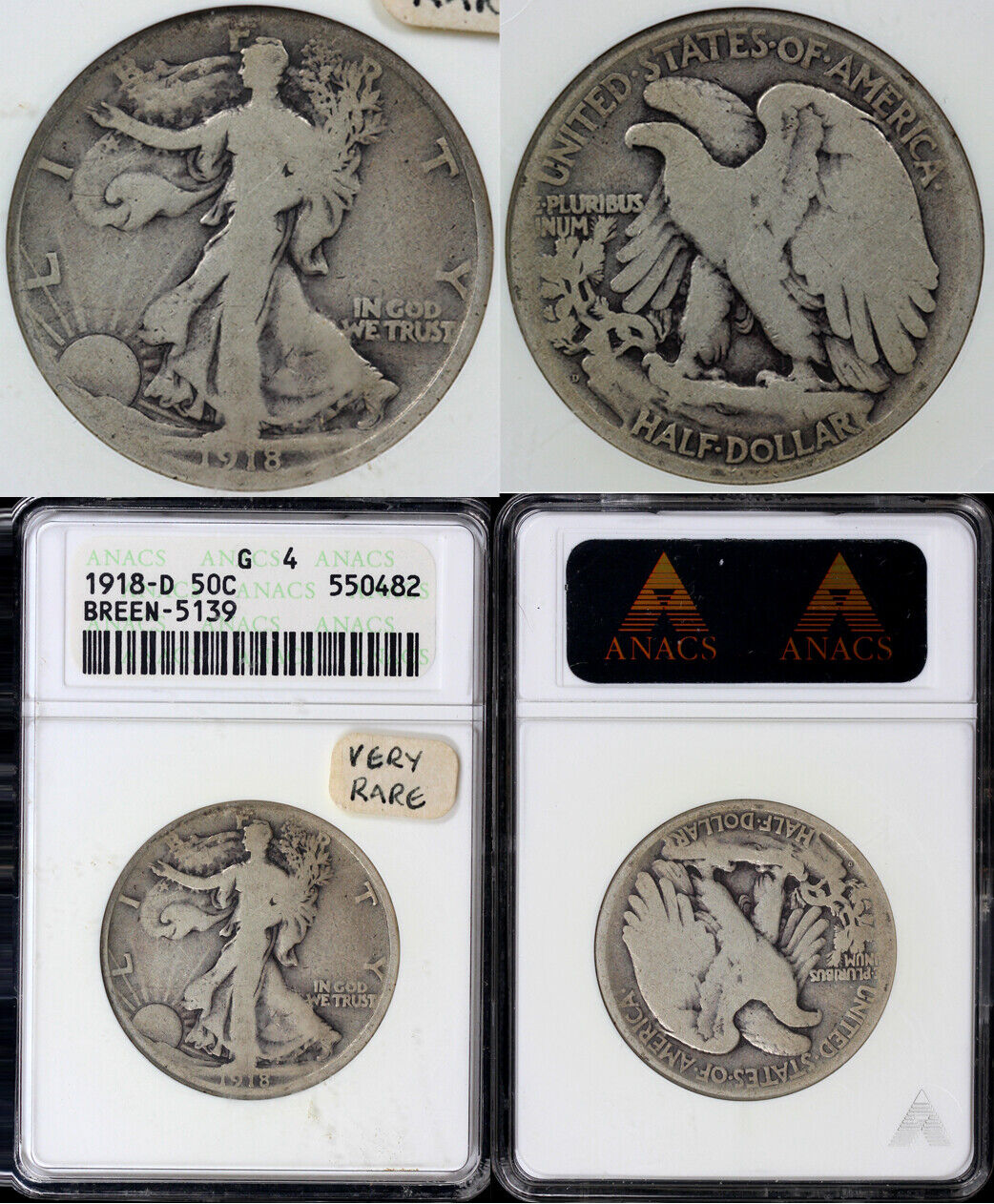 1918-D 50c Breen-5139 Walking Liberty Half Dollar ANACS GOOD 4