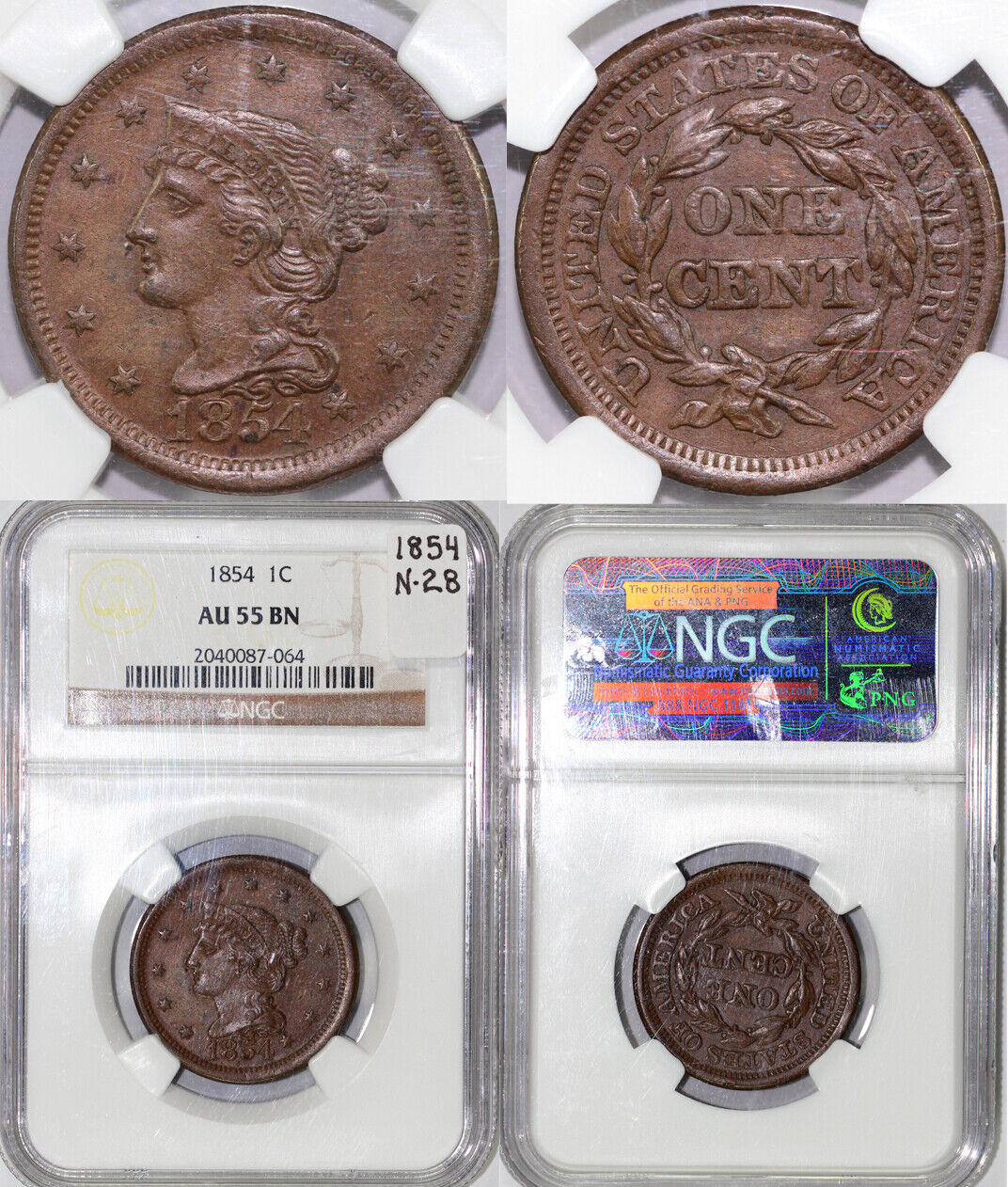1854 1c Braided Hair Large Cent NGC AU 55