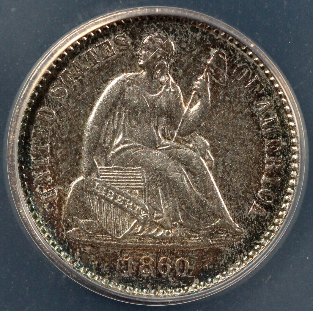 1860 H10c Seated Liberty Half Dime ANACS AU 55 DETAILS CLEANED
