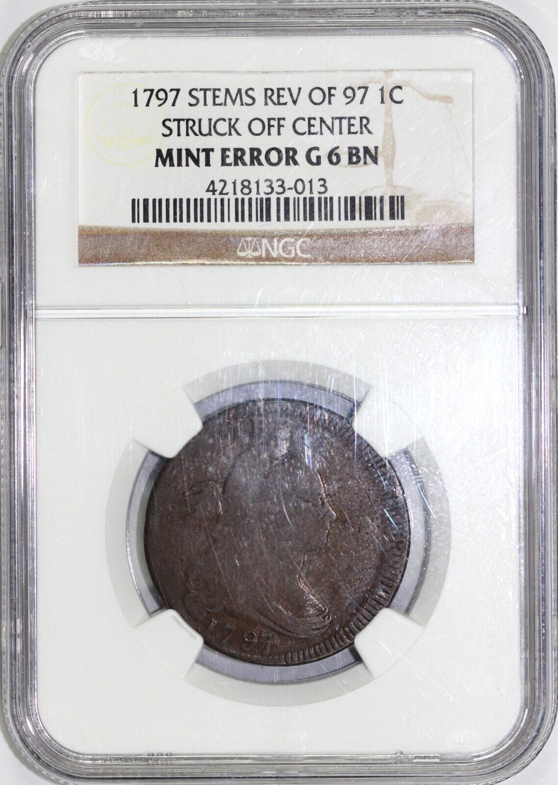 1797 1c Stems Rev of 97 Struck Off Center Draped Bust Large Cent NGC GOOD 6