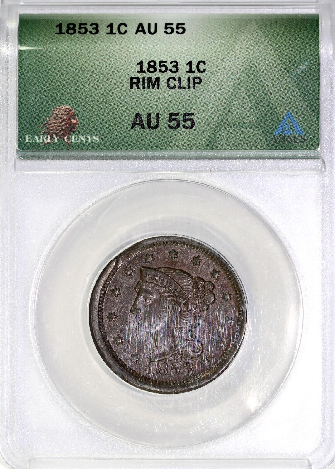 1853 1c Braided Hair Large Cent Rim Clip ANACS AU 55