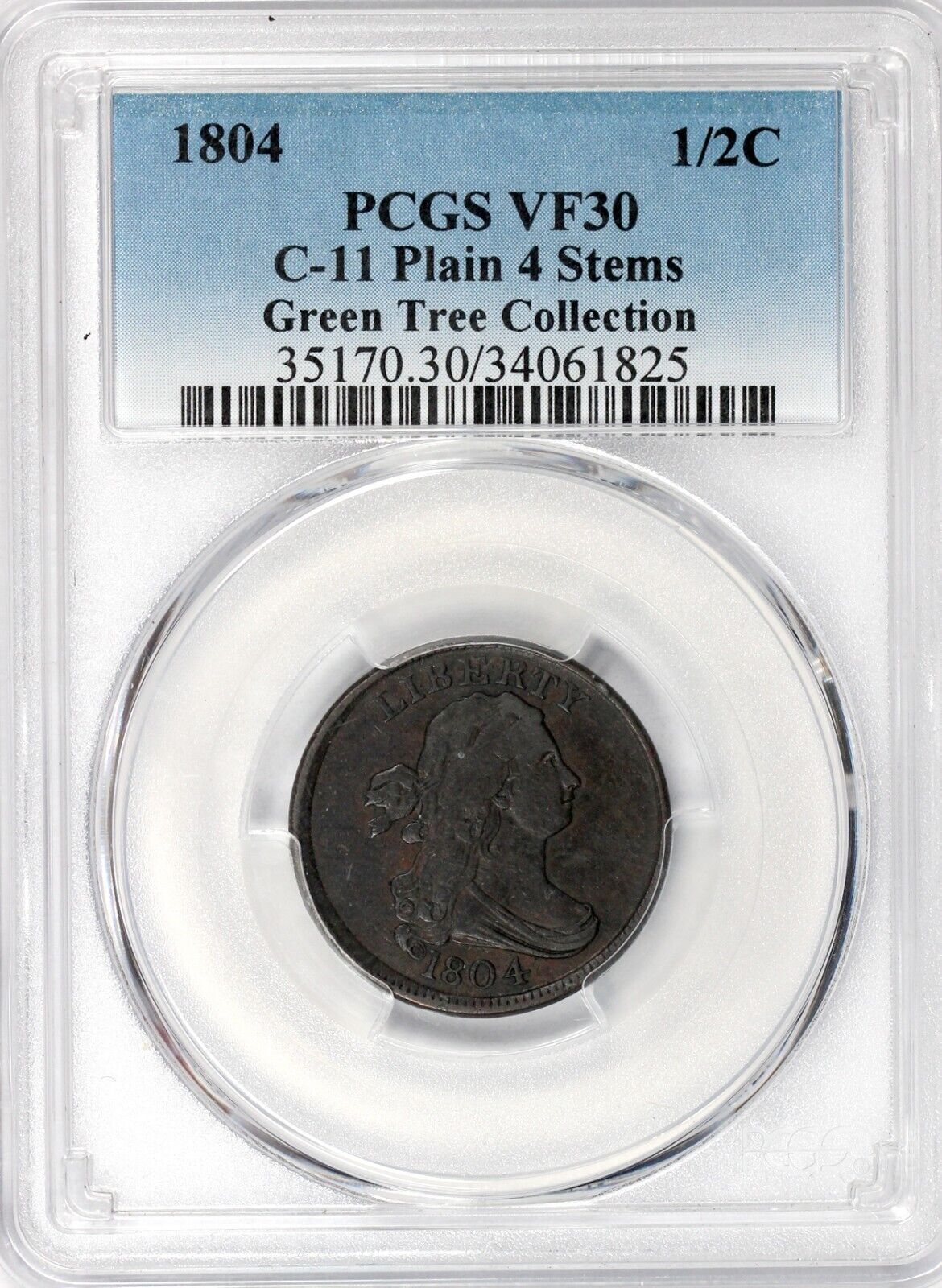 1804 1/2c C-11 Plain 4 Stems Draped Bust Half Cent PCGS VF 30 EX; Green Tree