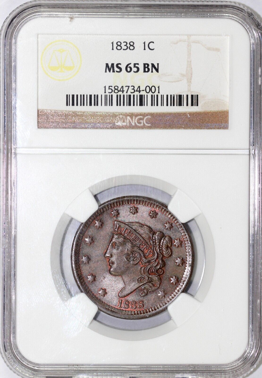 1838 1c N-3 Coronet or Matron Head Large Cent NGC MS 65 BN