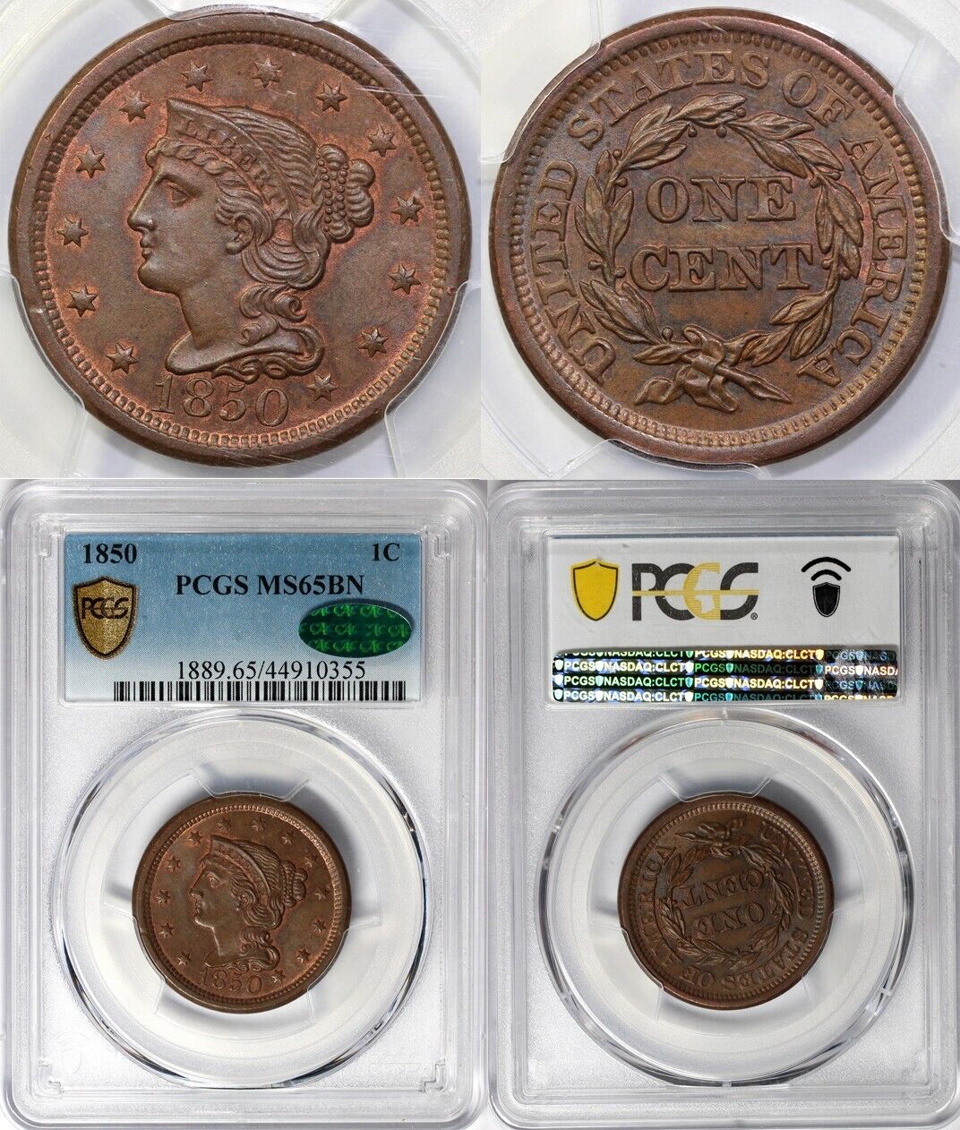 1850 1c N-7 Braided Hair Large Cent PCGS and CAC MS 65 BN *Early Die State*