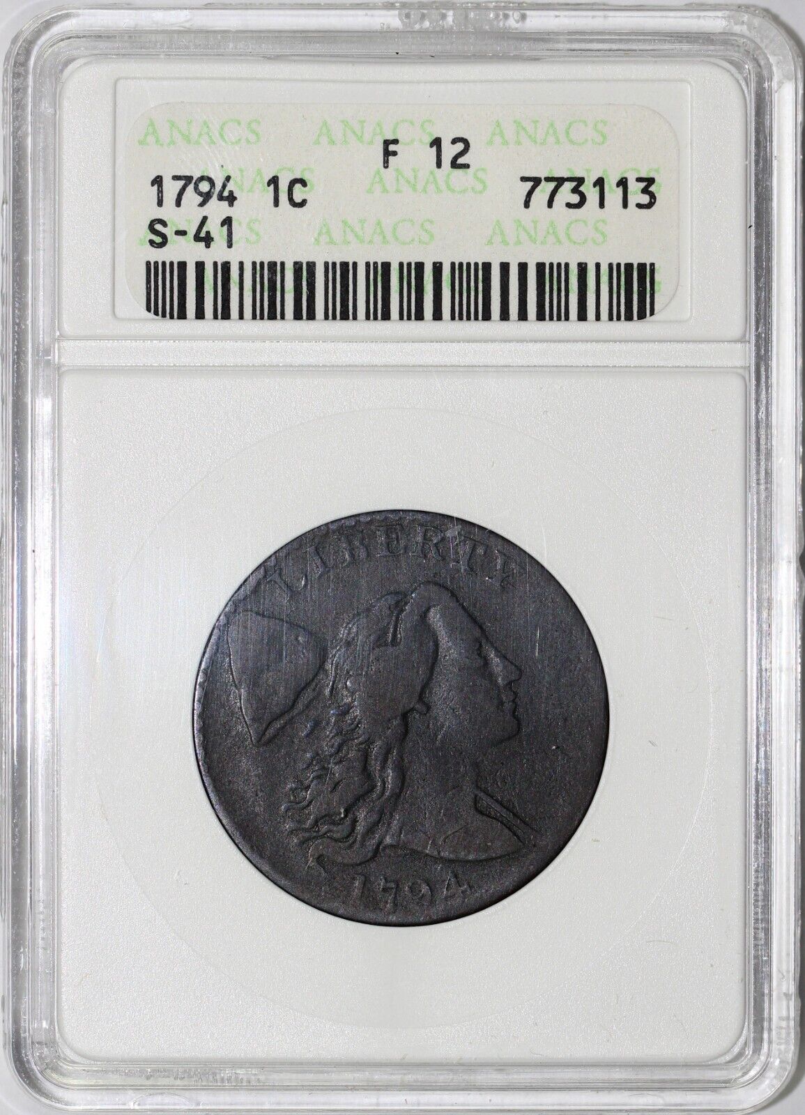 1794 1c S-41 Liberty Cap Large Cent ANACS F 12