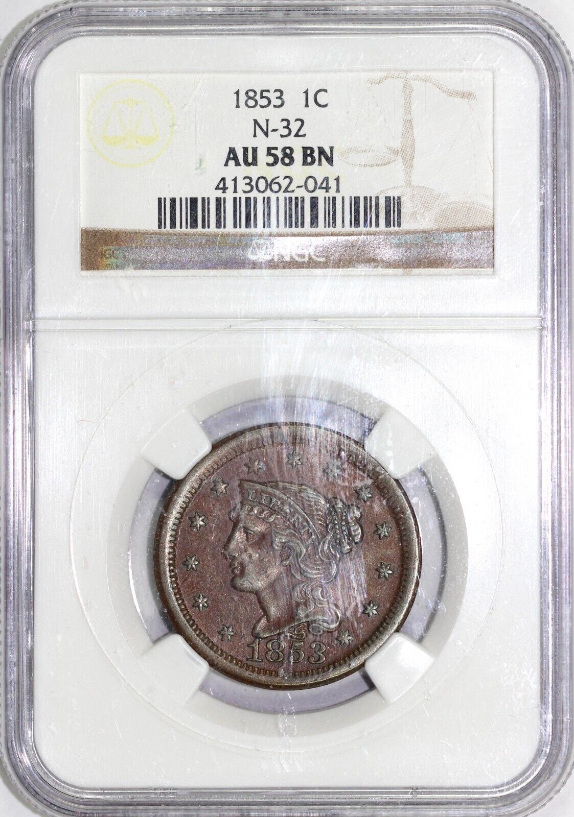 1853 1c N-32 Braided Hair Large Cent NGC AU 58