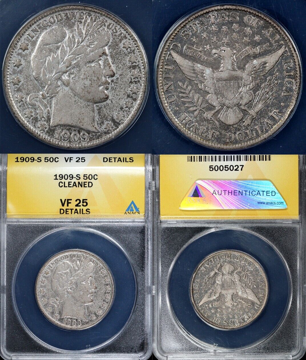 1909-S 50c Barber Half Dollar ANACS VF 25 DETAILS CLEANED
