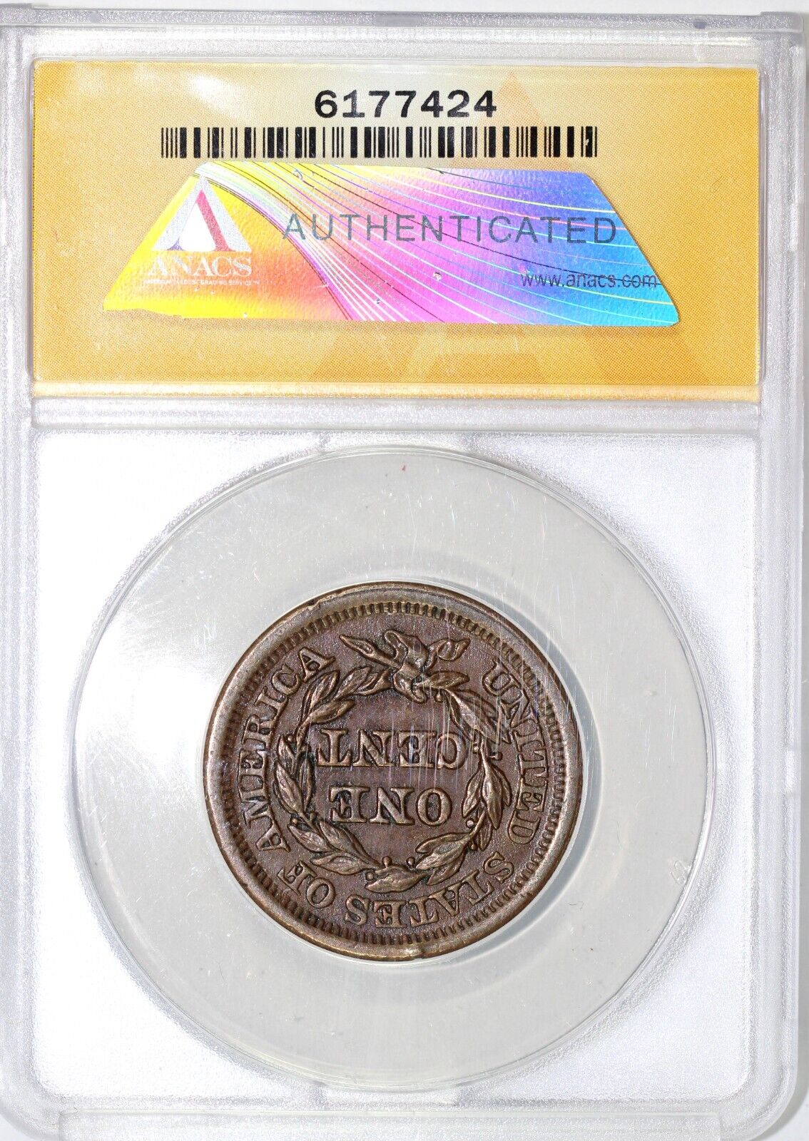 1853 1c Braided Hair Large Cent ANACS AU 50