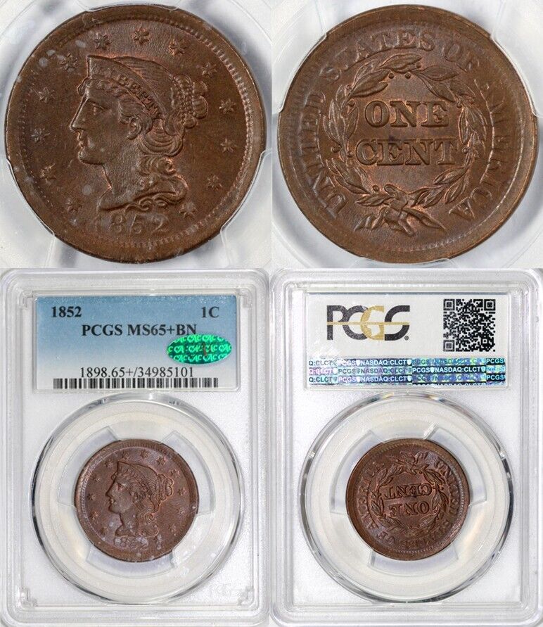 1852 1c Braided Hair Large Cent PCGS and CAC MS 65+ BN