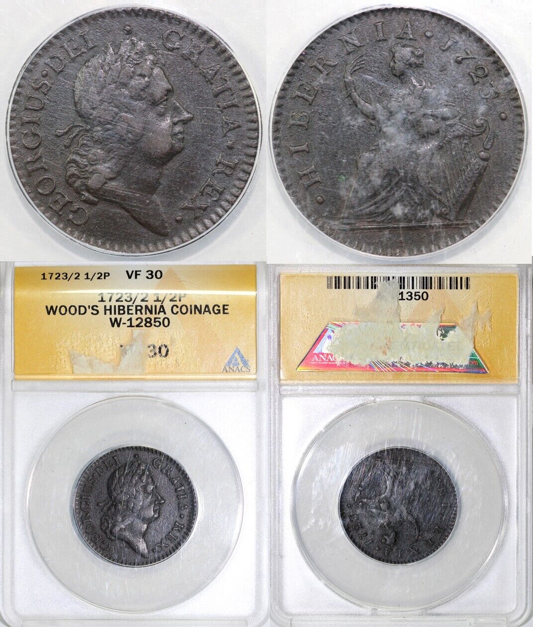 1723 1/2p W-12850 Woods Hibernia Colonial Half Penny ANACS VF 30