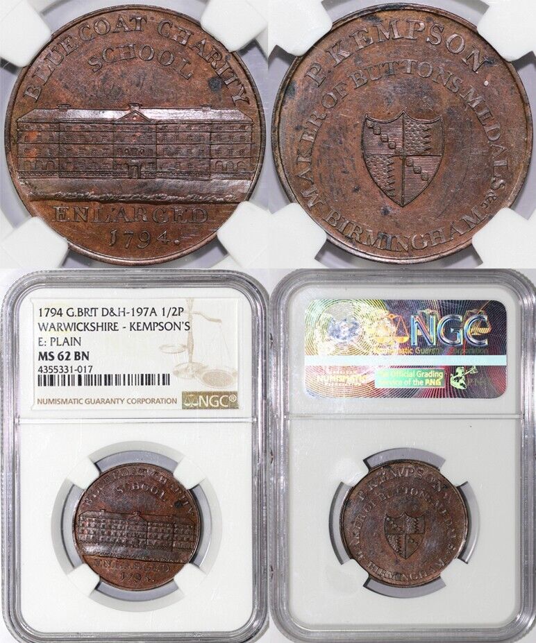 1794 1/2p D&H -197A Warwickshite-Kempson's Conder Token NGC MS 62