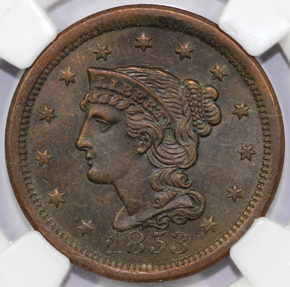 1853 1c N-12 Braided Hair Large Cent NGC MS 64 BN