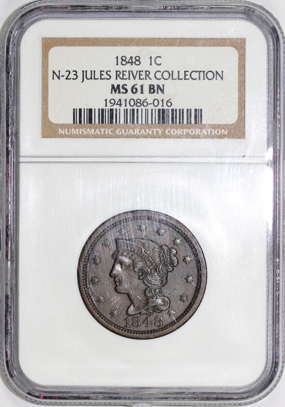 1848 1c N-23 Die State B Braided Hair Large Cent NGC MS 61 EX; REIVER