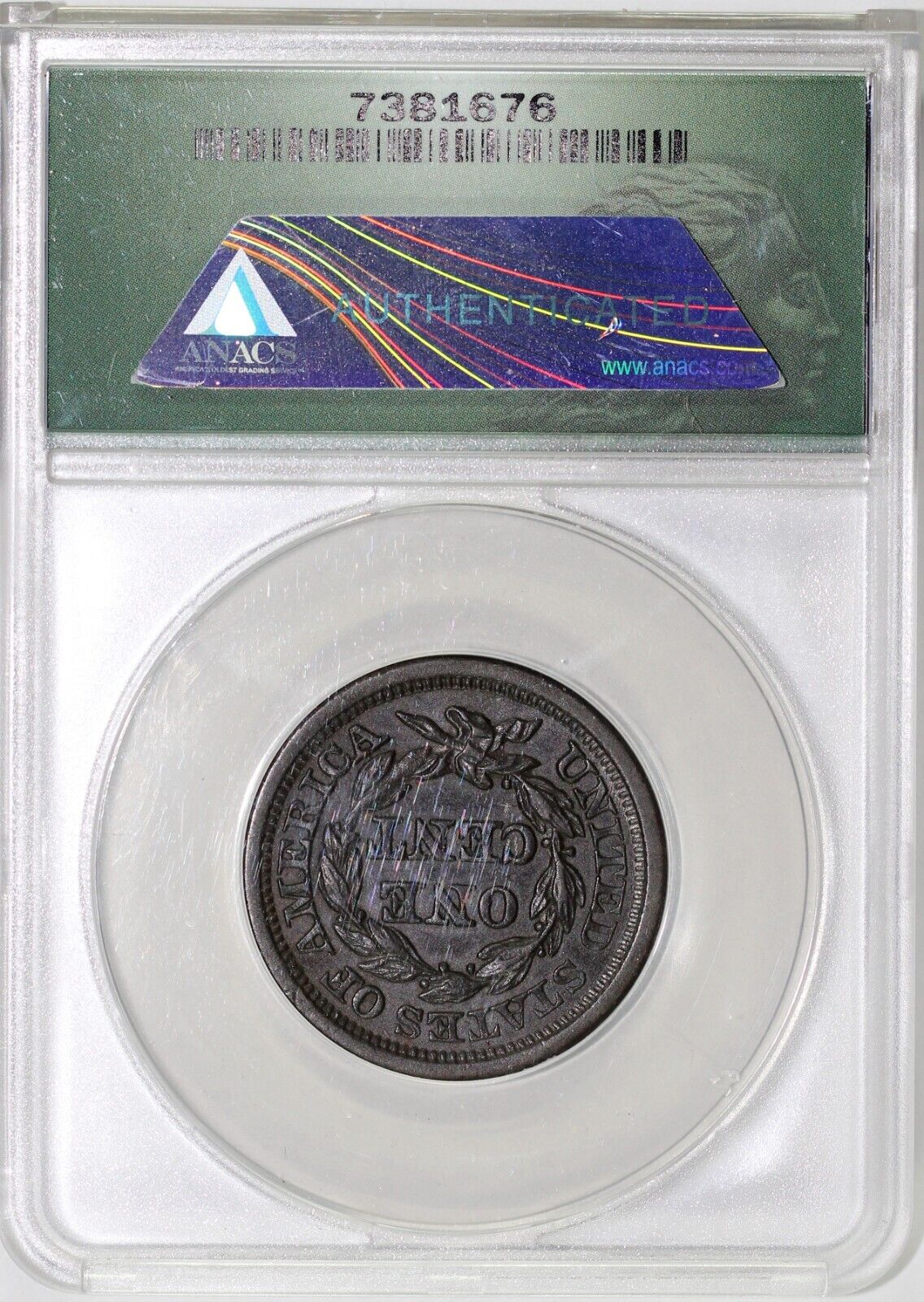 1857 1c Large Date N-1 Braided Hair Large Cent ANACS AU 50