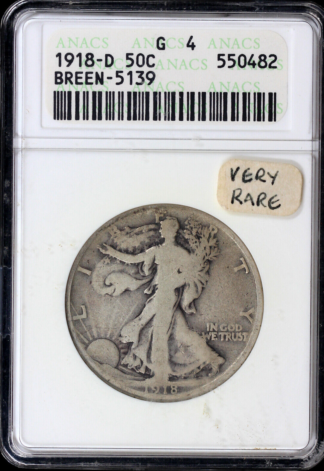 1918-D 50c Breen-5139 Walking Liberty Half Dollar ANACS GOOD 4