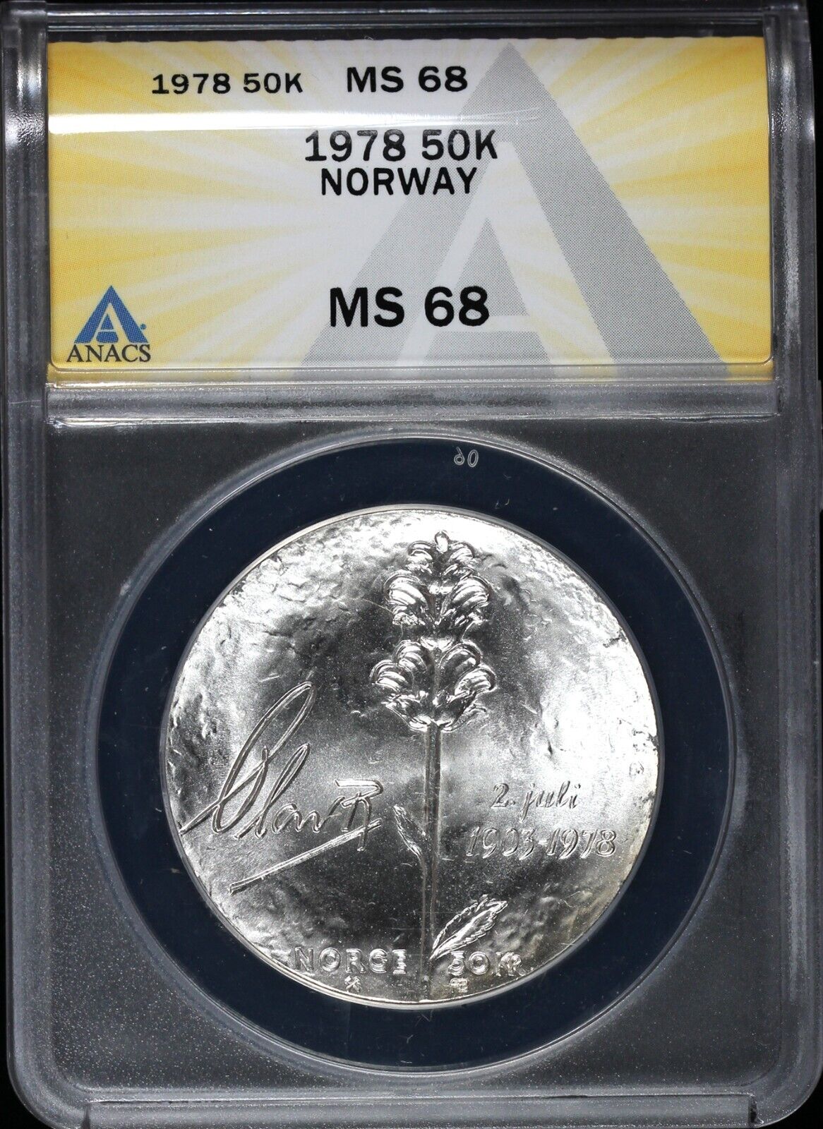 1978 50k Silver Norway Fifty Kroner ANACS MS 68