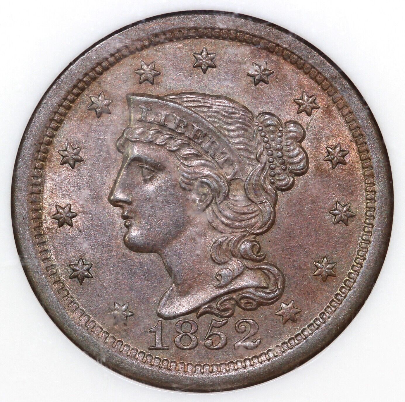 1852 1c N-21 Braided Hair Large Cent NGC MS 64 BN *EDS, CC Level*