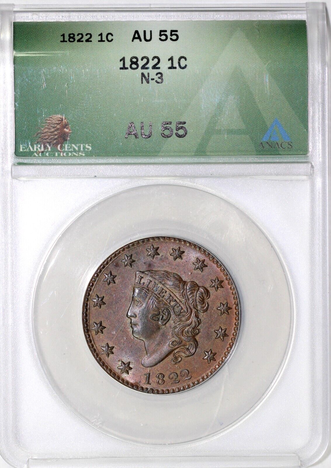 1822 1c N-3 Matron Head Large Cent ANACS AU 55