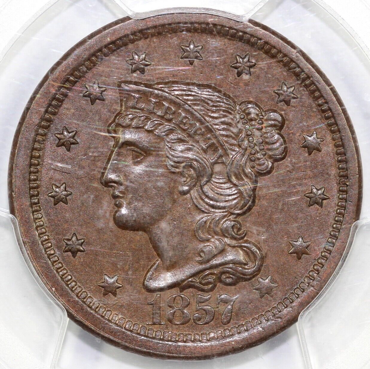 1857 1c N-1 Large Date Braided Hair Large Cent PCGS MS 64 EX; Goodridge