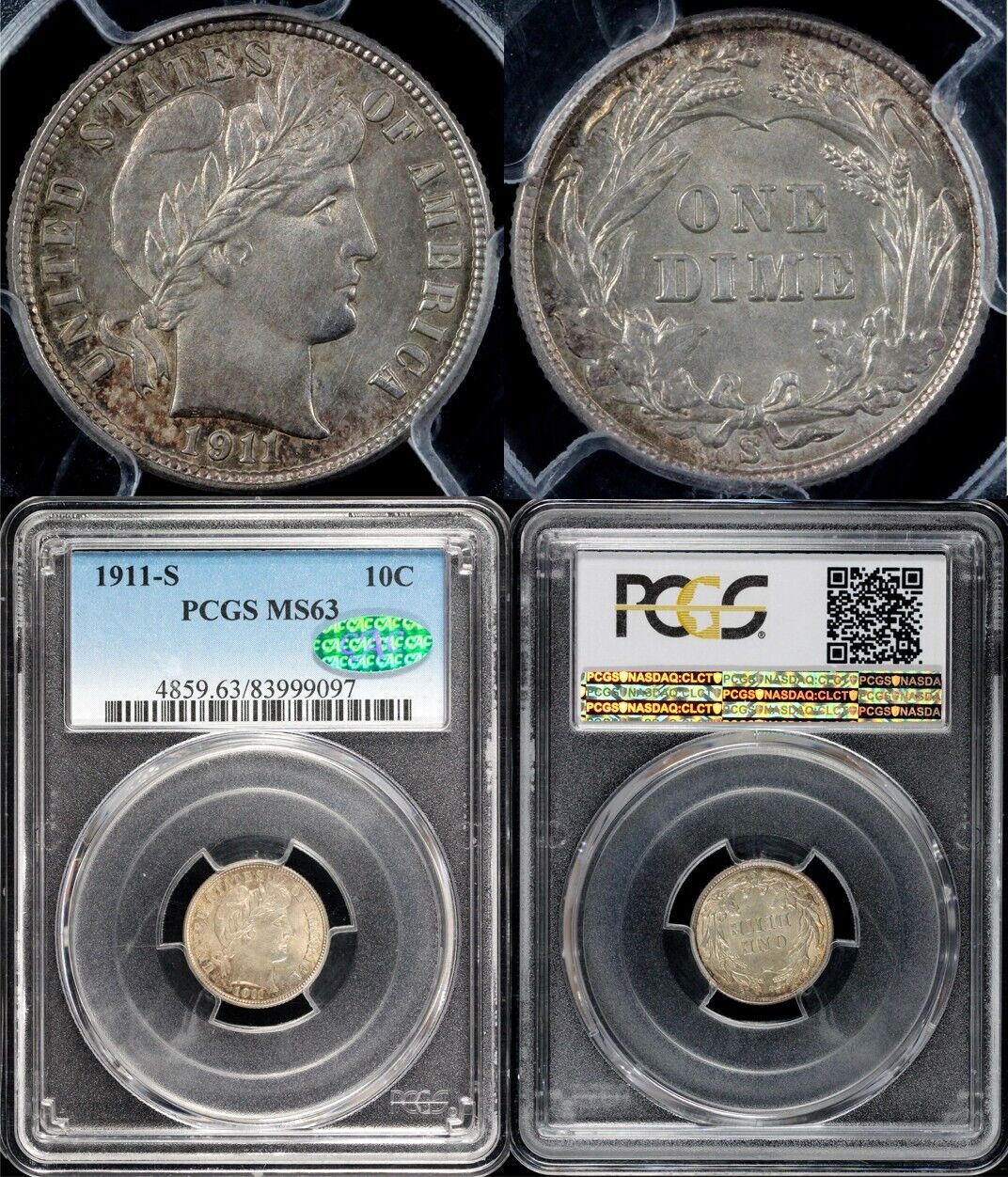 1911-S 10c Barber Dime PCGS and CAC MS 63