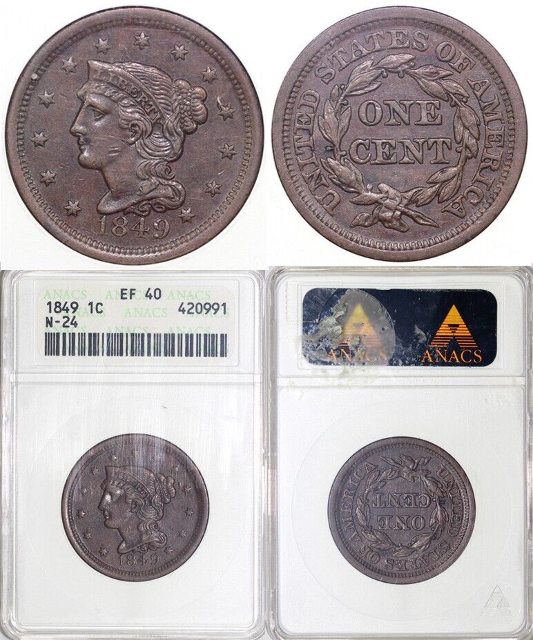 1849 1c N-24 Braided Hair Large Cent ANACS EF 40