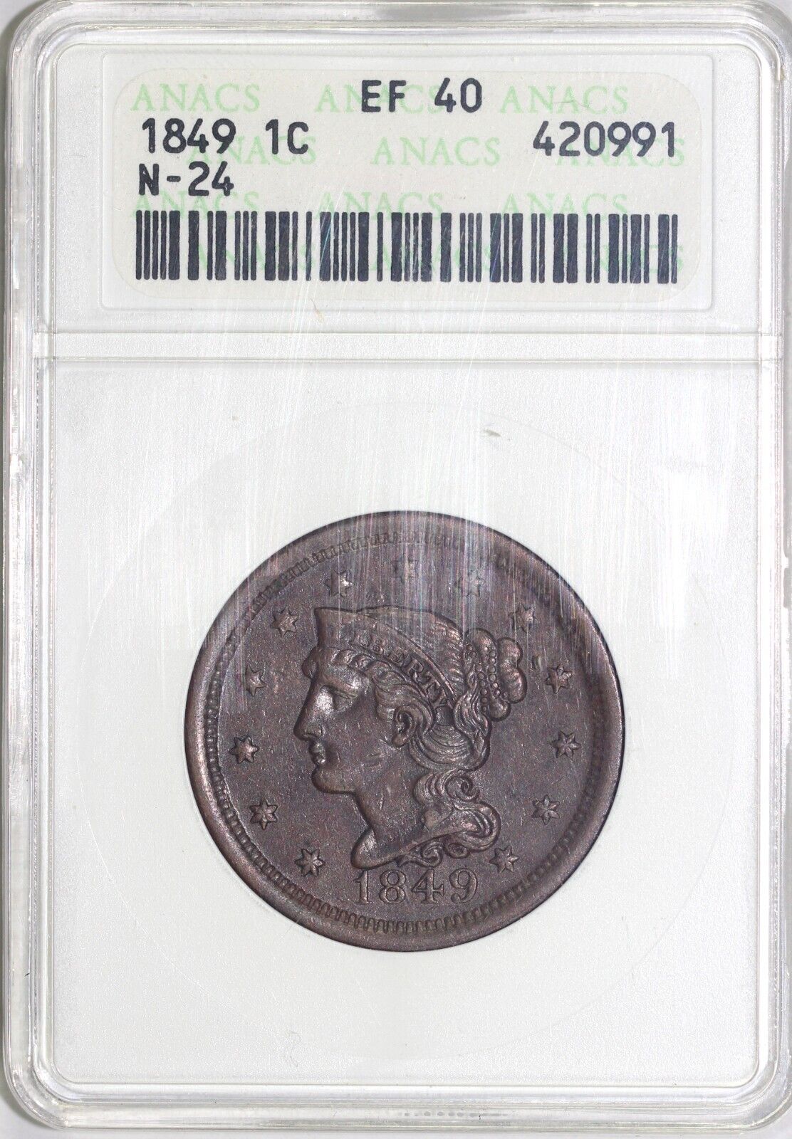1849 1c N-24 Braided Hair Large Cent ANACS EF 40