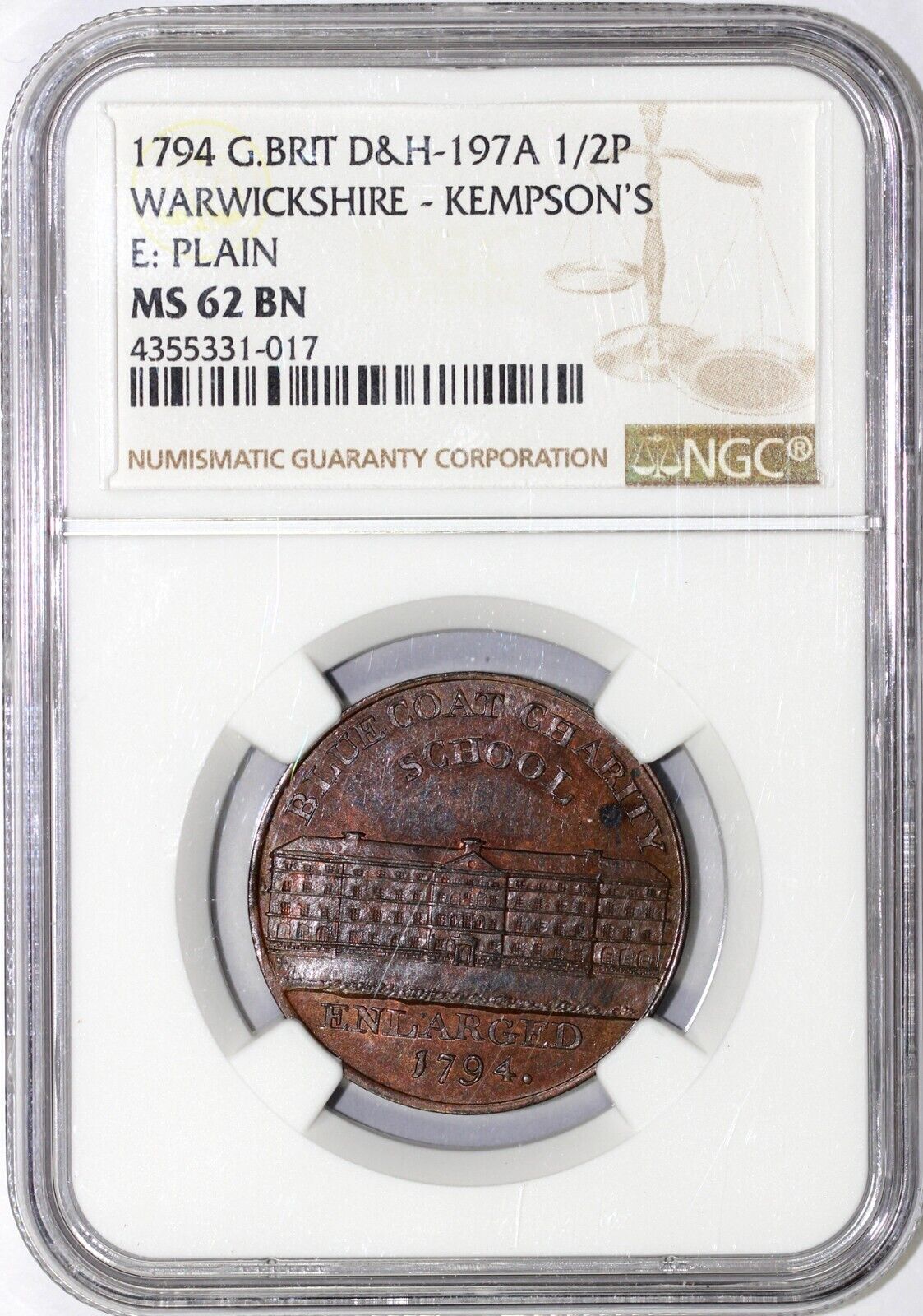 1794 1/2p D&H -197A Warwickshite-Kempson's Conder Token NGC MS 62