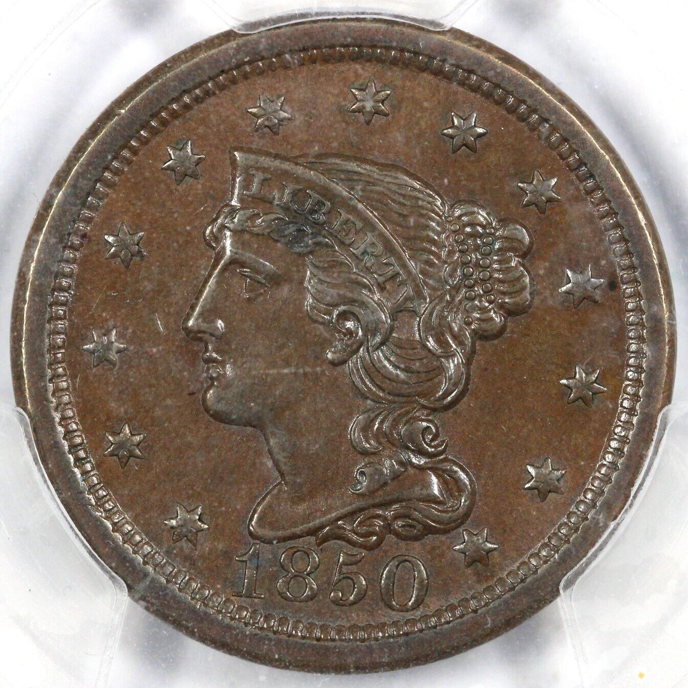 1850 1c N-13 Braided Hair Large Cent PCGS MS 63 BN