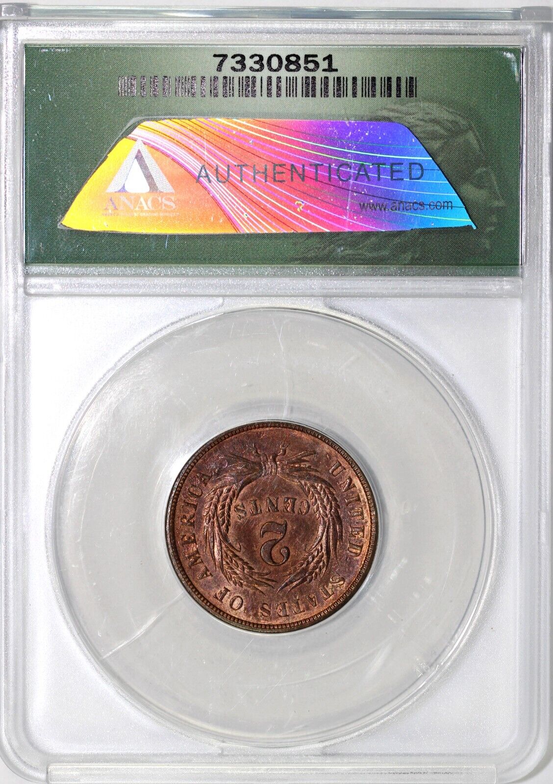 1864 2c Large Motto Two Cent Piece ANACS MS 62 RB