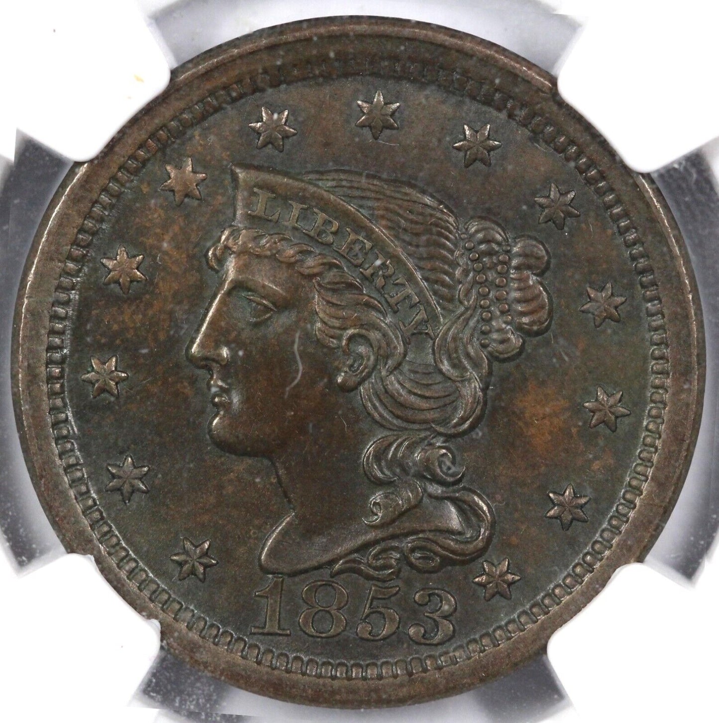 1853 1c Braided Hair Large Cent NGC MS 64 BN